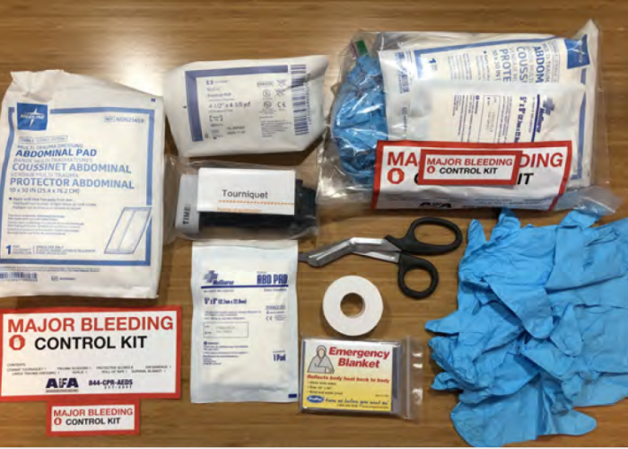 Major bleeding control kit supplies on table