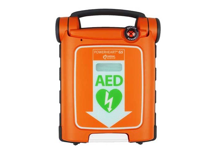 Orange automated external defibrillator (AED) device front view