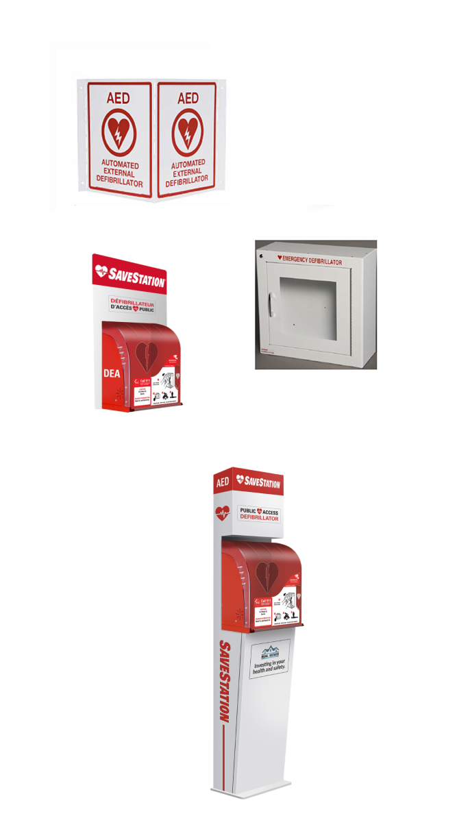 AED defibrillator cabinets and public access station display