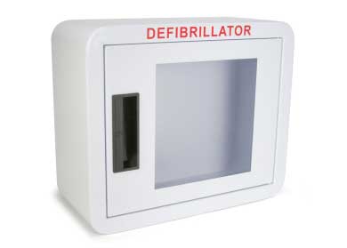 Wall-mounted defibrillator cabinet with clear window
